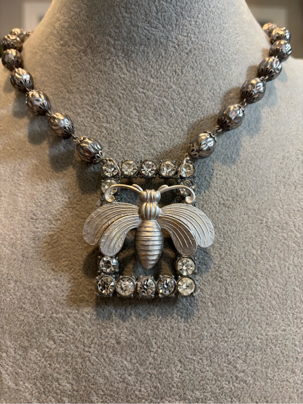 Handmade necklace w/silver tone Czech pearls and repurposed vintage buckle & bee